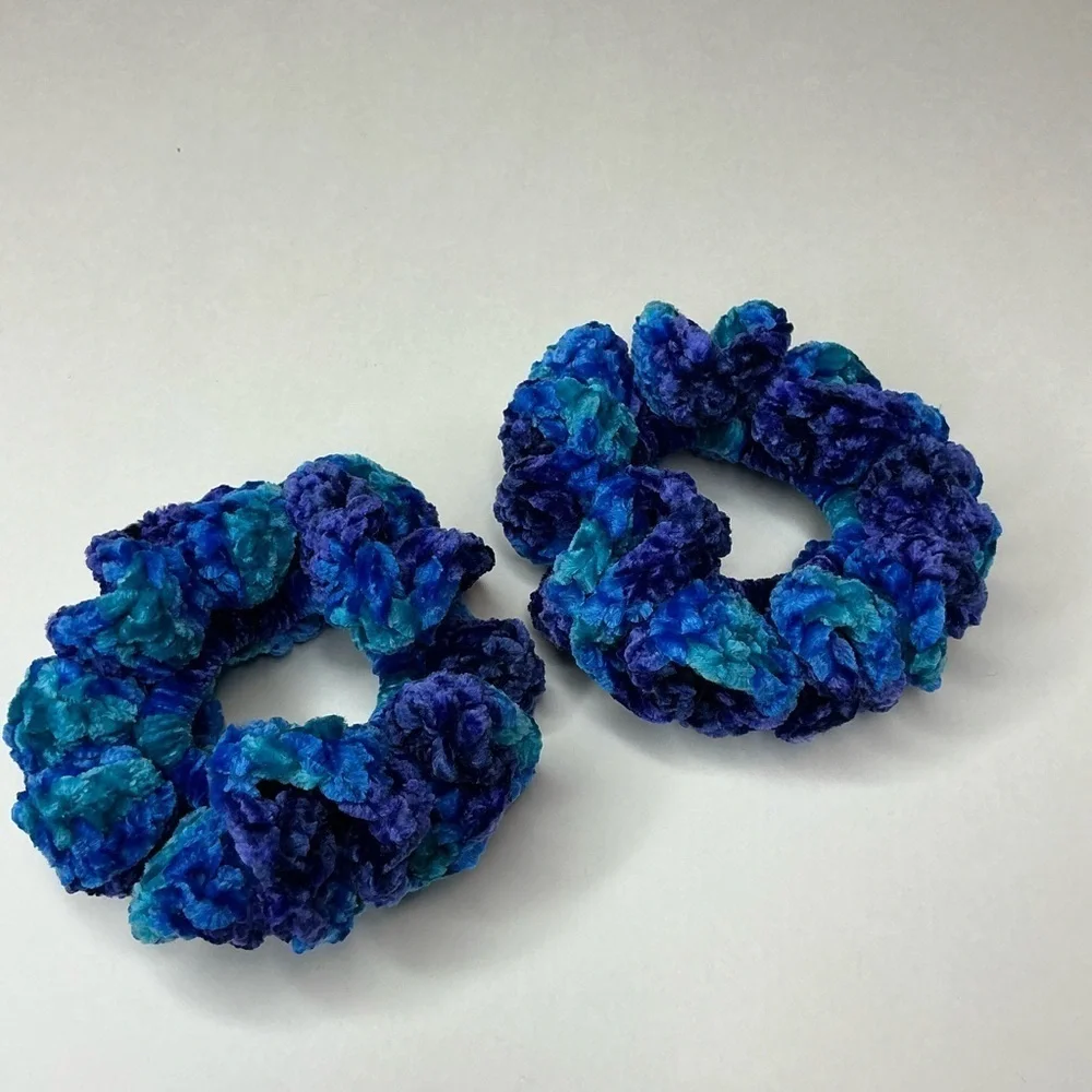 Crochet Scrunchie Oversized Hair Tie Set of 2 Blue Plush Crushed Velvet Handmade